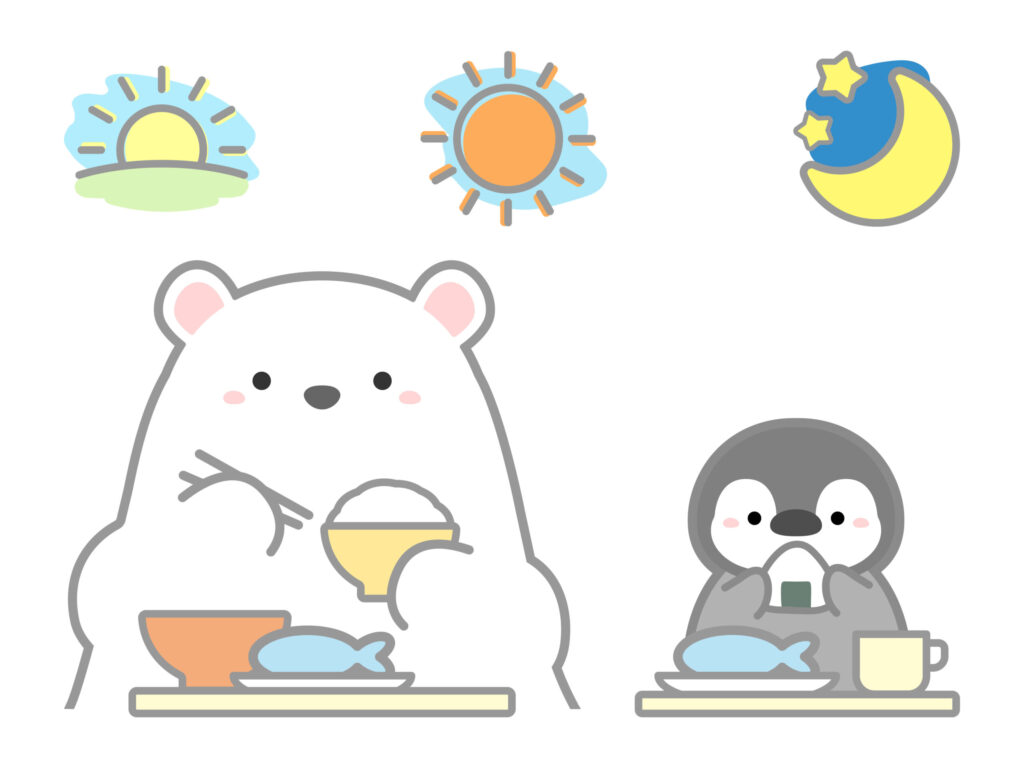 規則正しい食事をするシロクマとペンギン
